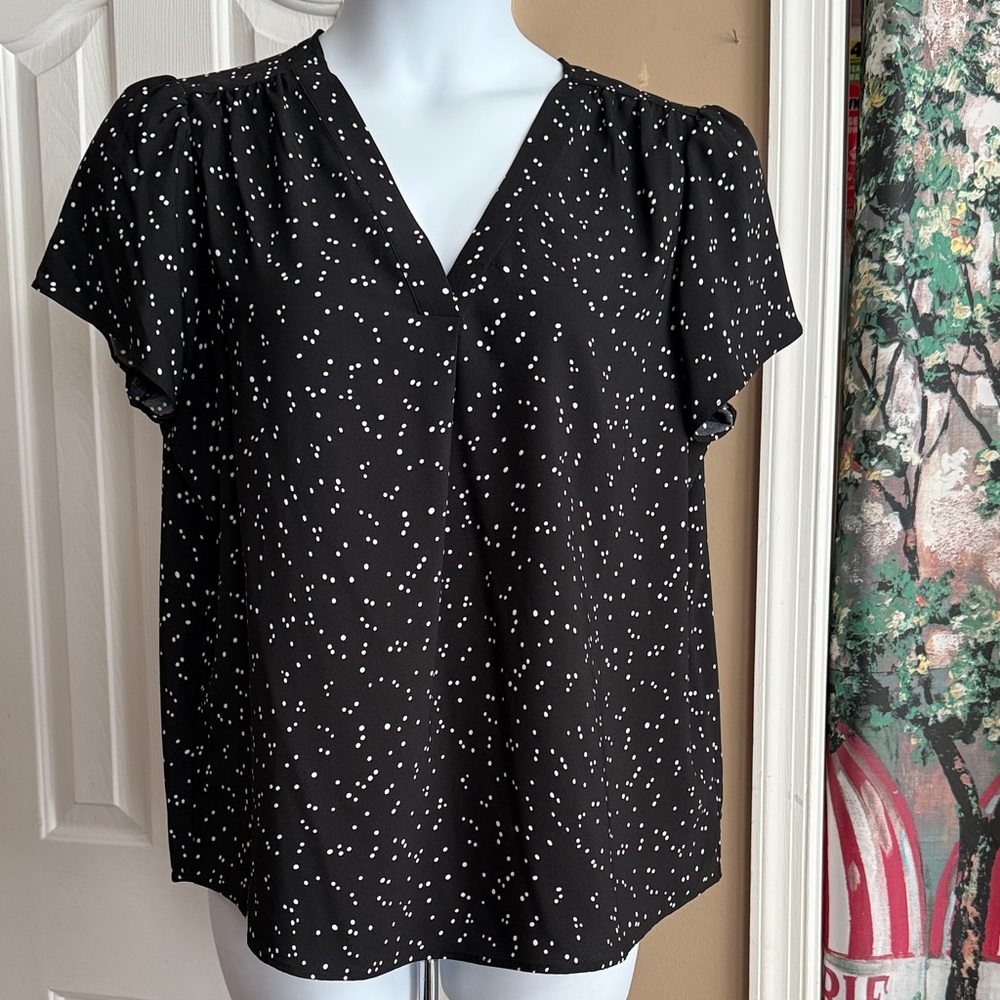 Hilary Radley Black Blouse with White Dot Print